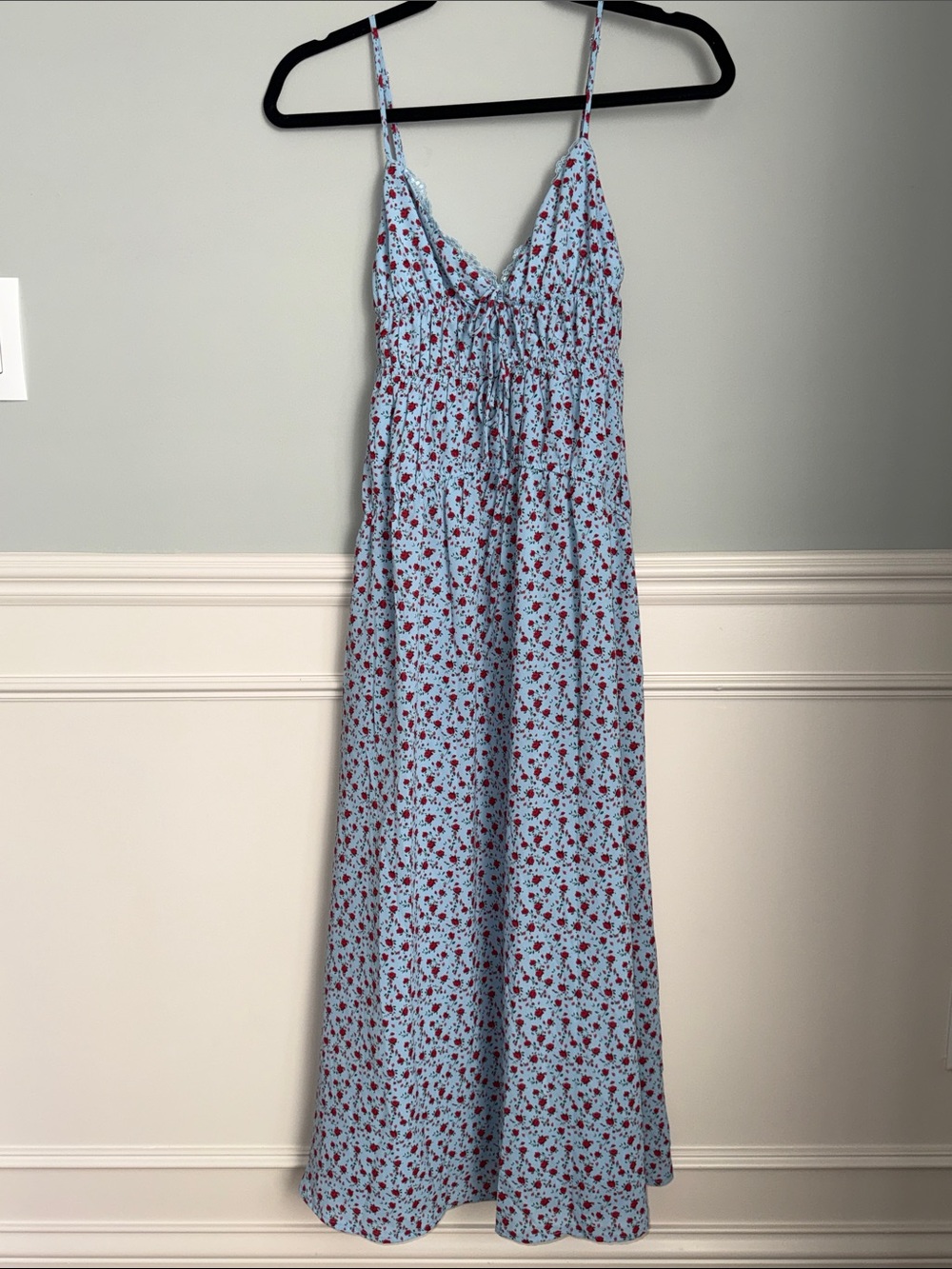 NWT Petal & Pup XS WOMENS Light Blue Maxi DRESS with Red Floral Print, new.